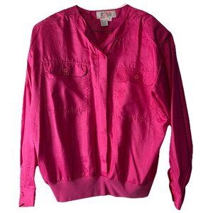 Vintage Josephine Blouse Womens Hot Pink Barbie 100% Poly Button Long Sleeve